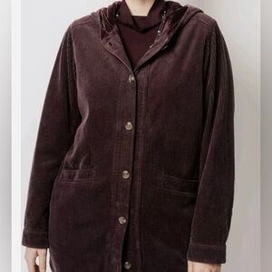 J. Jill Tumbled Cord Coat Hoodie Barn Work Cozy Warm Soft Hooded Jacket Plum